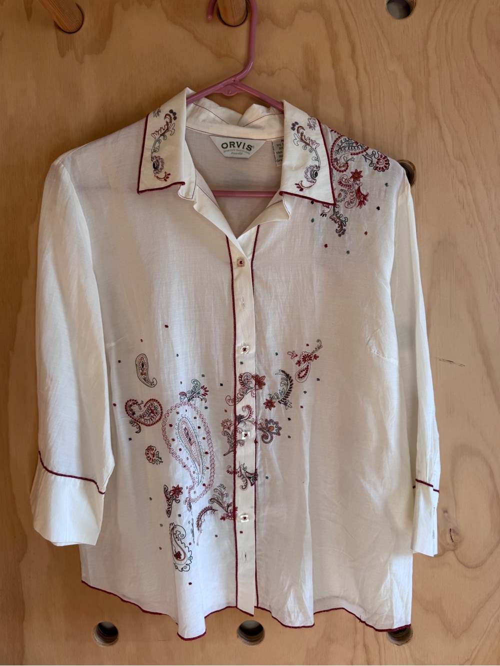 Orvis Cream Button-Down Shirt with Red Paisley Embroidery